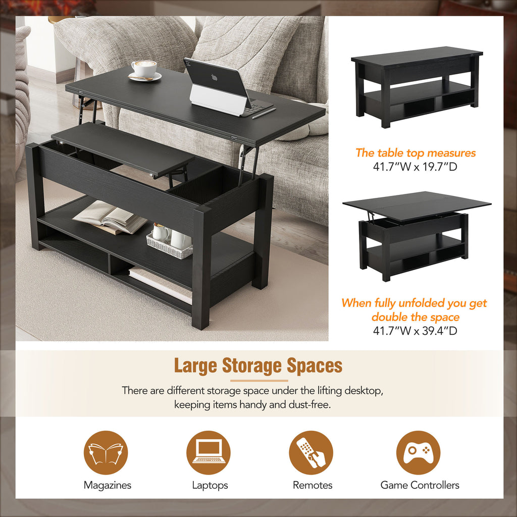 Leoglint [VIDEO provided] ON-TREND Lift Top Coffee Table, Multi-Functional Coffee Table with Open Shelves, Modern Lift Tabletop Dining Table for Living Room, Home Office, Black