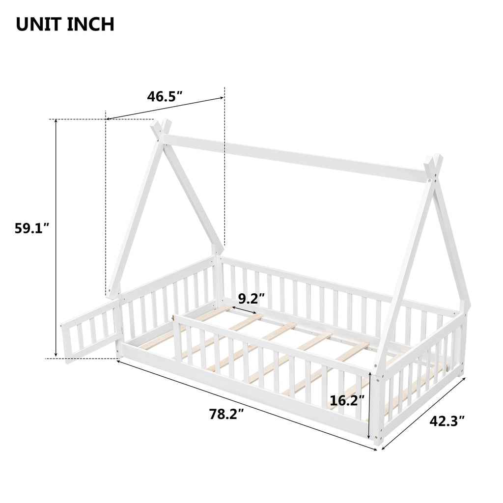 Leoglint Twin Tent-shaped Floor Bed Frame, with Guardrails, Slats, Door ,White