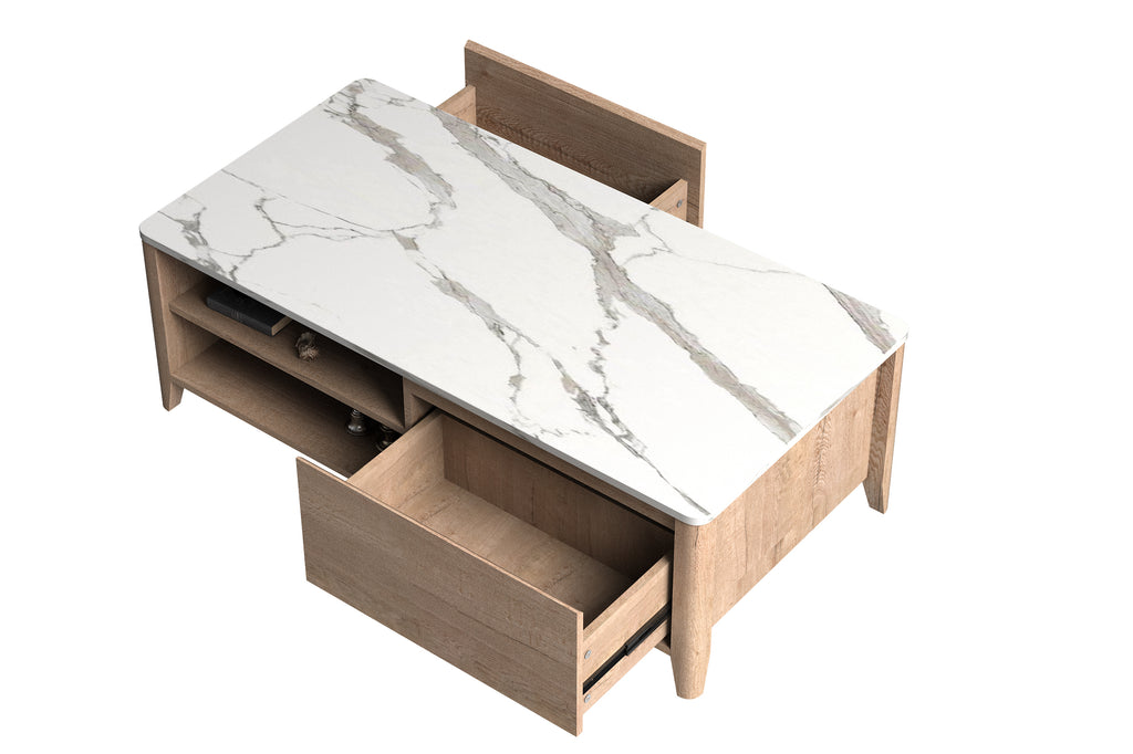 Leoglint 47 Inch Modern Farmhouse Double Drawer Coffee Table for Living Room or Office , Tobacco Wood and White Marble