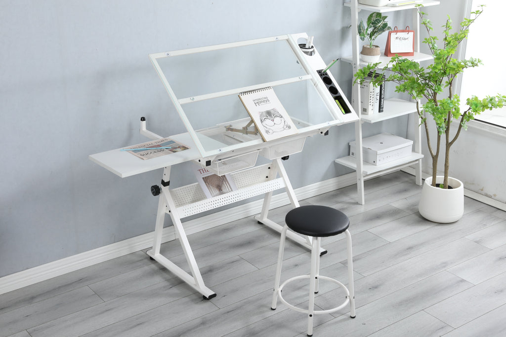 Leoglint WHITE Office desk adjustable tempered glass drafting printing table with chair