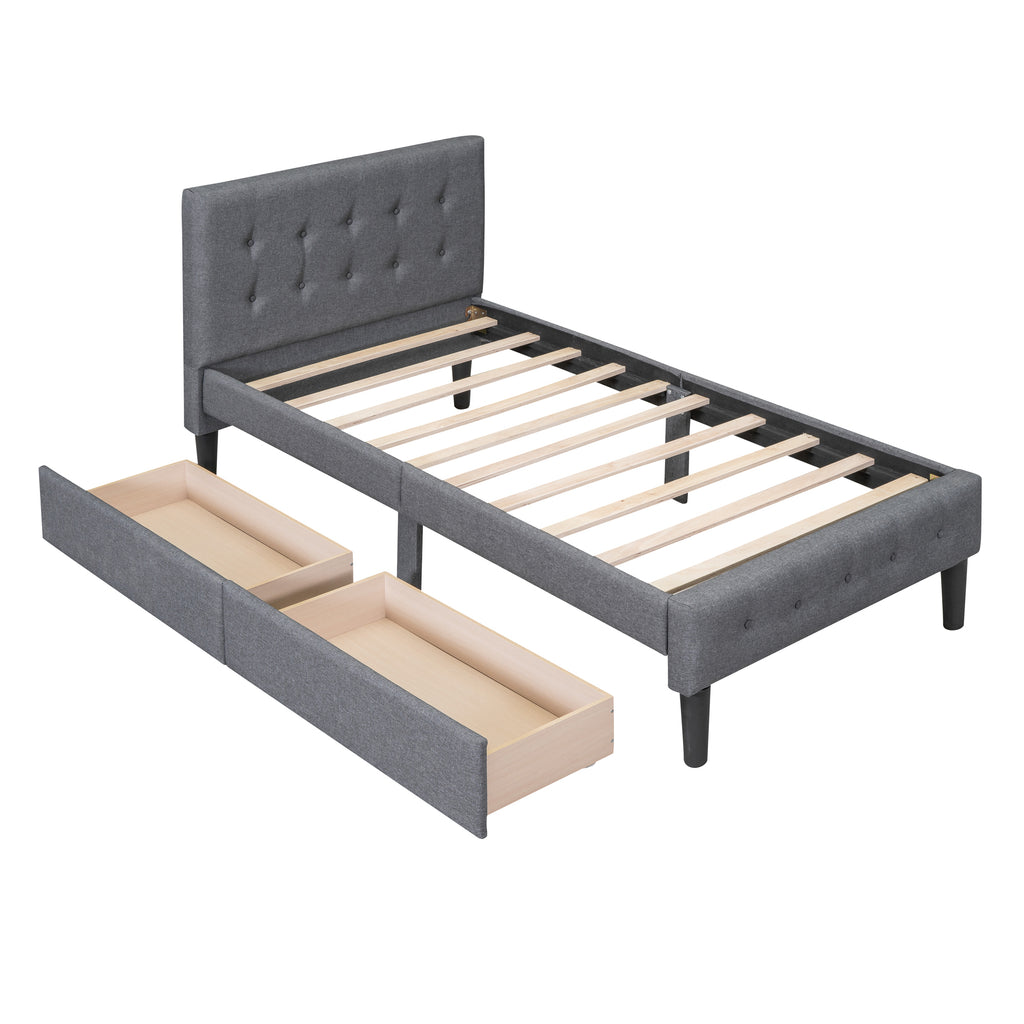 Leoglint Twin Size Upholstered Platform Bed Frame with 2 Drawers, Gray