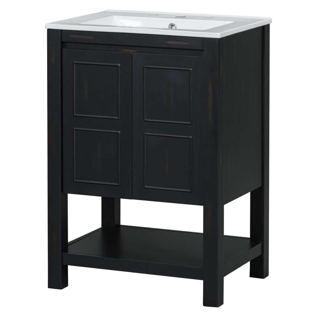 Leoglint 24x18.3x34.7 Inches Compact Vintage Style Bathroom Vanity Cabinet and Ceramic Sink Combo with Open Shelf-2 Soft-close Doors