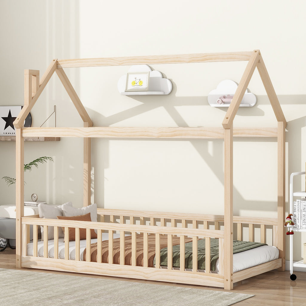 Twin House Bed Frame with Guardrails, Slats ,Natural