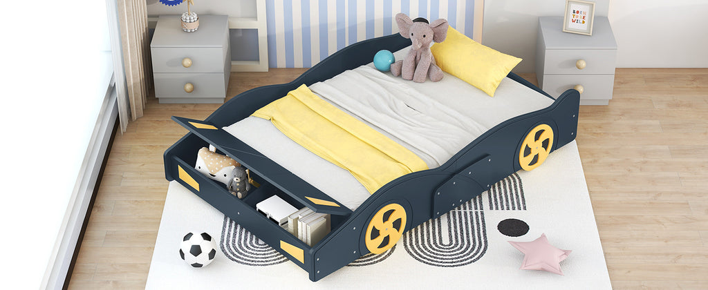 Leoglint Bed Frame Full Size Race Car-Shaped Platform Bed with Wheels and Storage, Dark Blue+Yellow