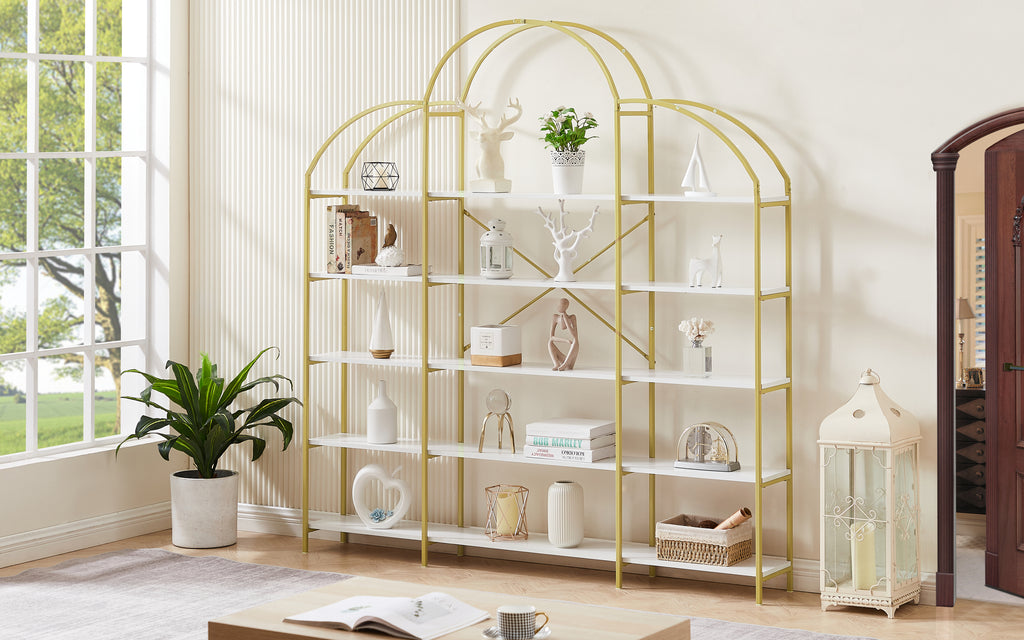 Leoglint 74.8 Inch 5 Tiers Office Bookcase Bookshelf, Display Shelf with Round Top, X Bar Gold Frame