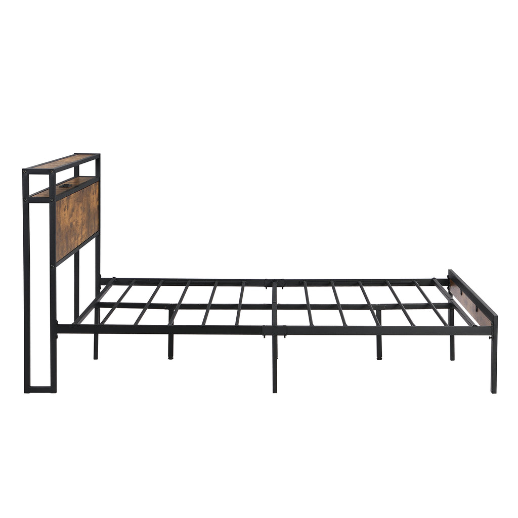 Leoglint King Size Metal Platform Bed Frame with Wooden Headboard and Footboard with USB LINER, No Box Spring Needed, Large Under Bed Storage, Easy Assemble