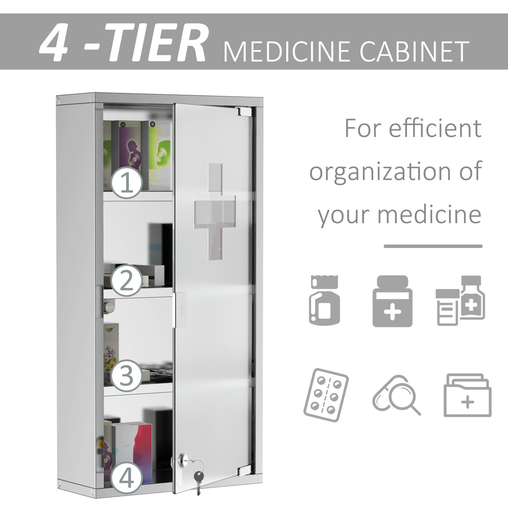 Leoglint kleankin Wall Mounted Medicine Cabinet, Locking Wall Cabinet with 4 Tier Shelves, Stainless Steel Frame and Glass Door, Lockable with 2 Keys, Silver, 12" x 24"