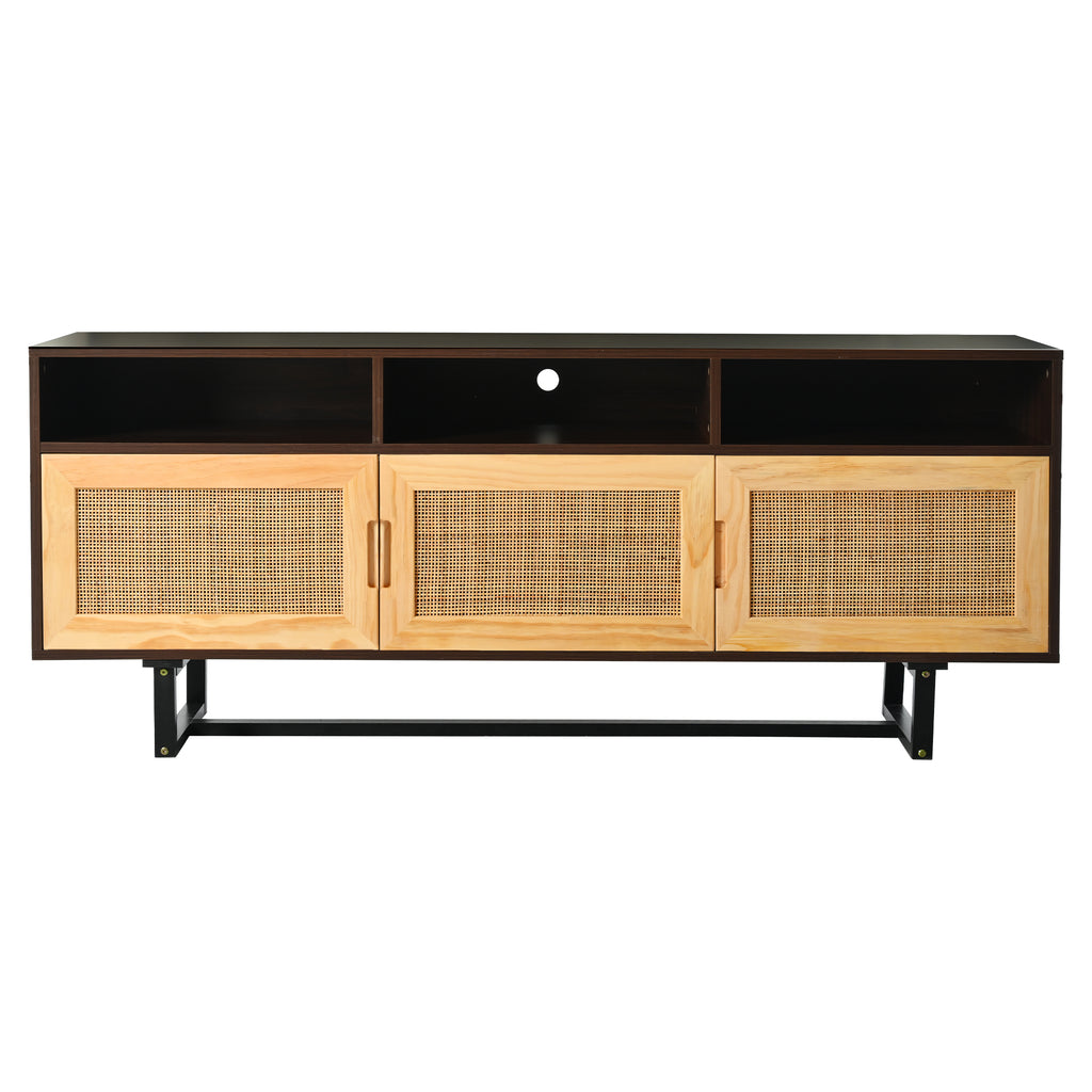 Leoglint TREXM Retro Rattan TV Stand 3-door Media Console with Open Shelves for TV Stand under 75''(Walnut)