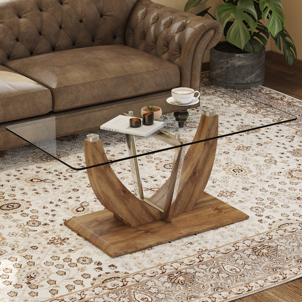 Leoglint Modern minimalist transparent tempered glass coffee table with wooden MDF legs and stainless steel decorative columns. Computer desk. Game table. CT-907