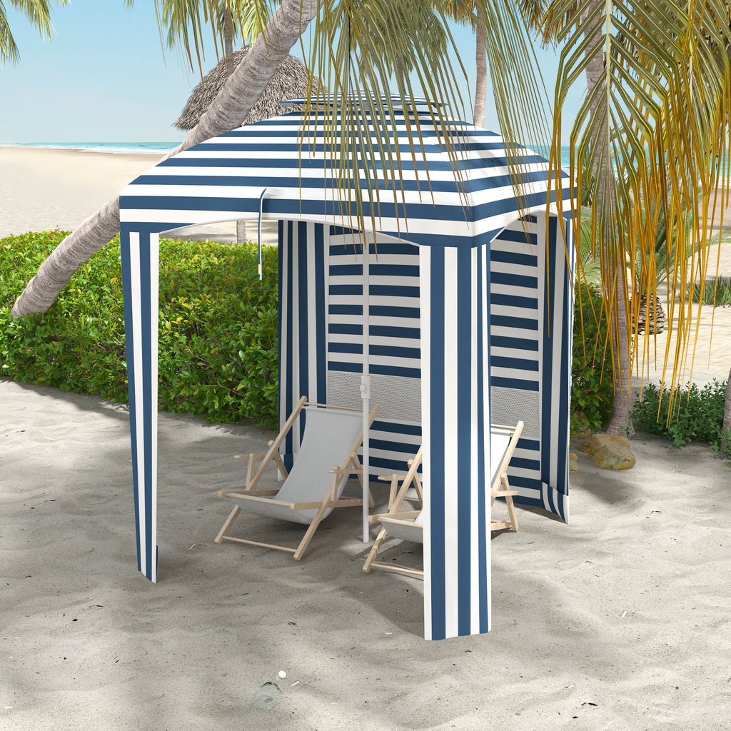 Leoglint 5.8' x 5.8' Portable Beach Outdoor Umbrella with Double-Top, Ruffled Outdoor Cabana with Walls, Vents, Sandbags, Carry Bag, Blue & White Stripe