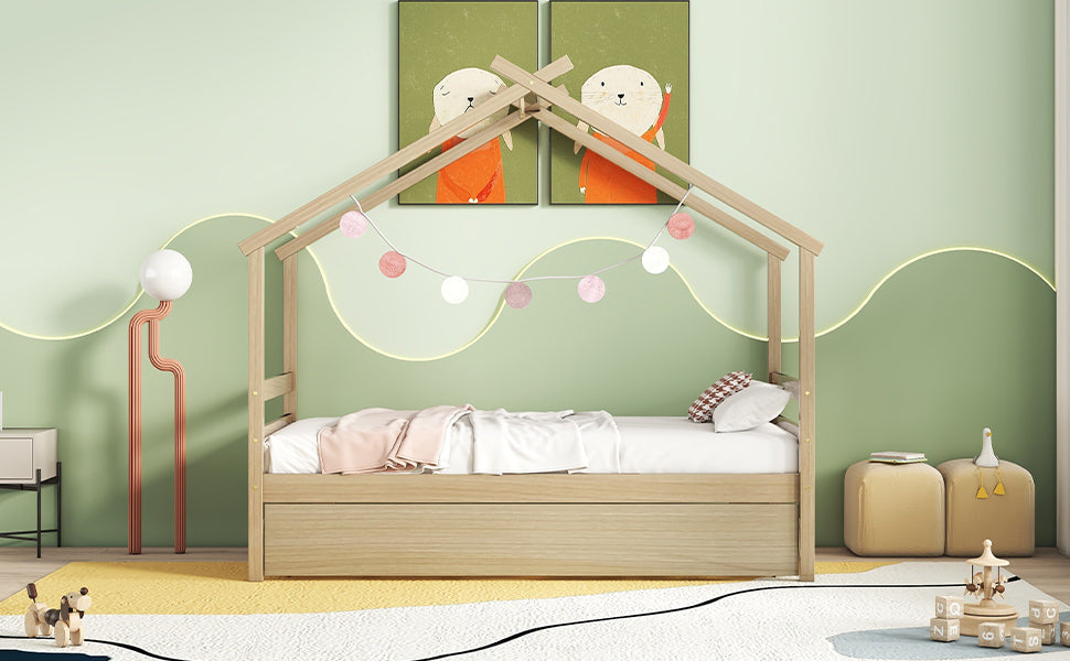 Leoglint Twin Size  House-shaped Bed Frame with Trundle,Natural