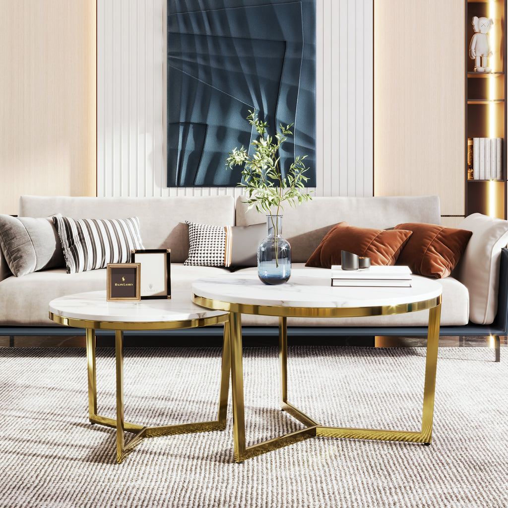 Leoglint Modern Round Nesting Coffee Table Set 2-Piece White & Marbling Top Gold Base