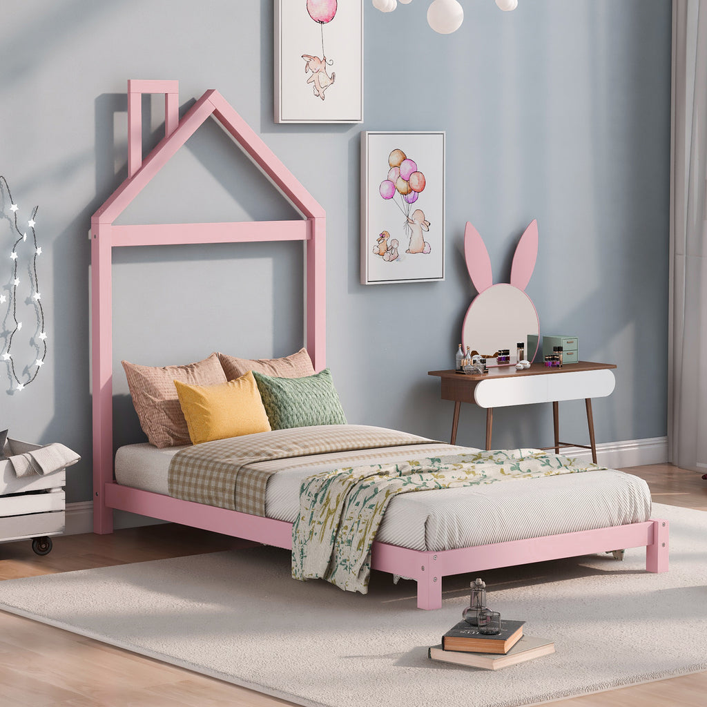 Leoglint Twin Size Wood Platform Bed Frame with House-shaped Headboard  (Pink)