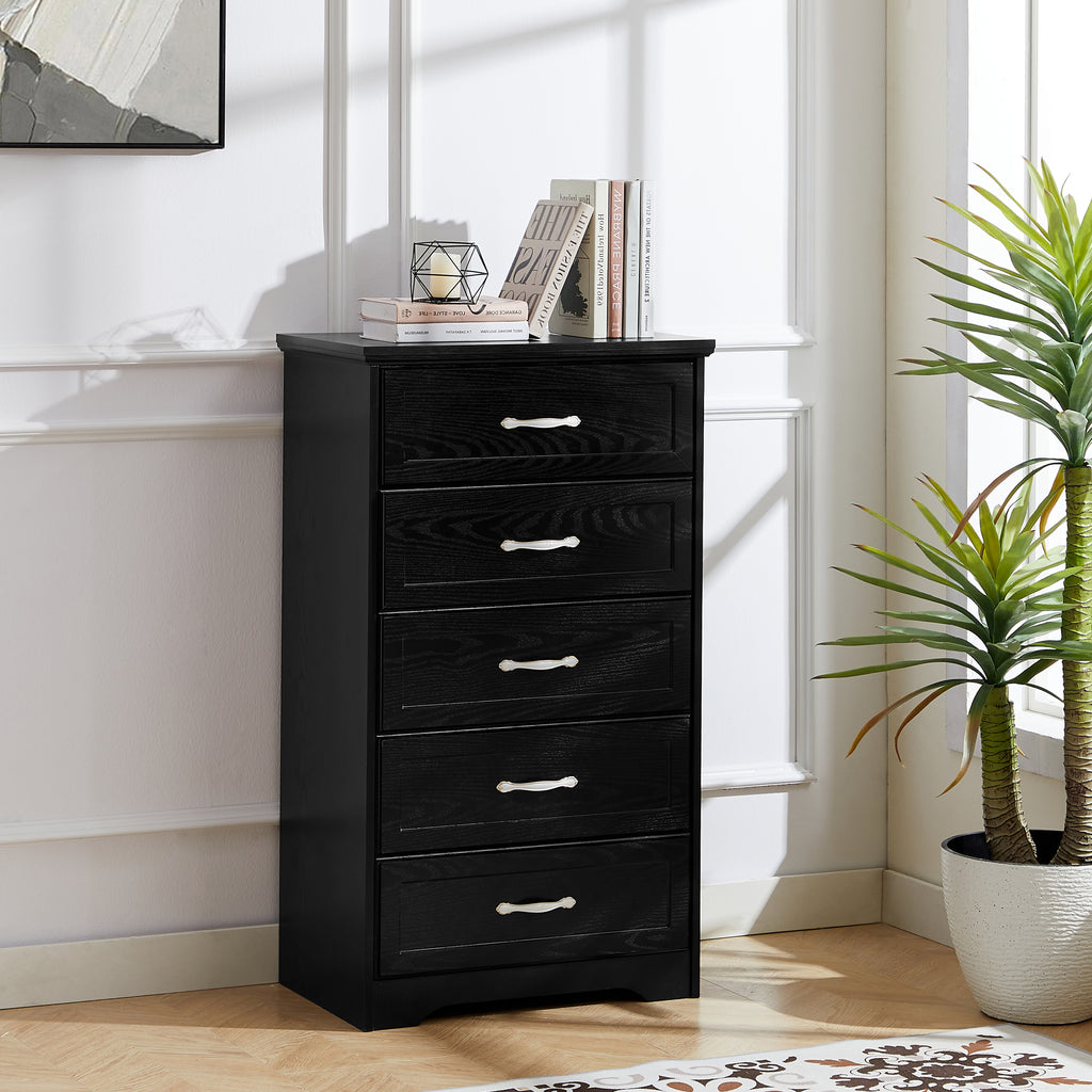 Leoglint Modern 5 Tier Bedroom Chest of Drawers, Dresser with Drawers,Drawer Chest, Clothes Organizer -Metal Pulls for Living Room, Bedroom, Hallway, Black, 25.2″L x 15.8″W x 43.5″H