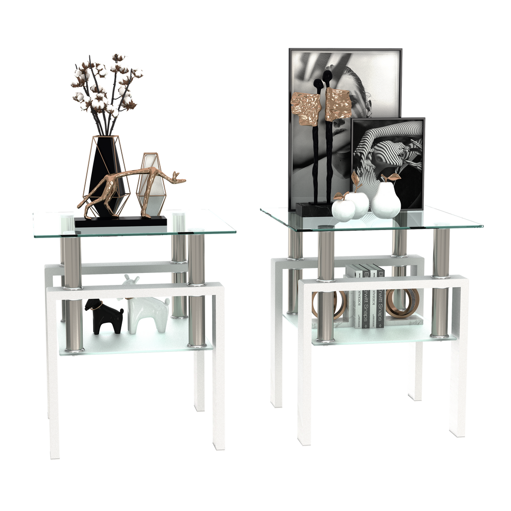 Leoglint Set of 2, Modern Tempered Glass Tea Table Coffee Table End Table, Square Table for Living Room, Transparent/White