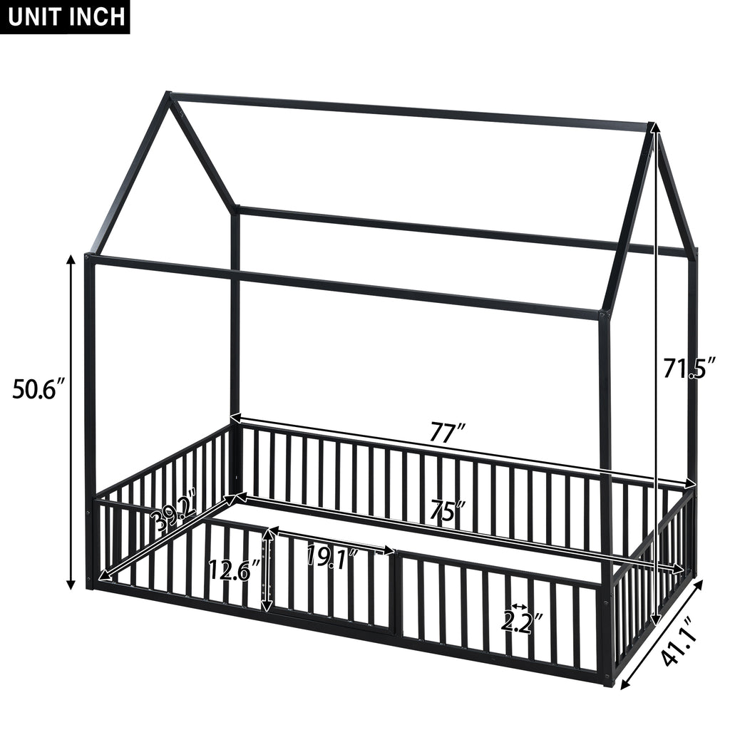 Leoglint Twin Size Metal House Bed Frame with Fence and Door, Black