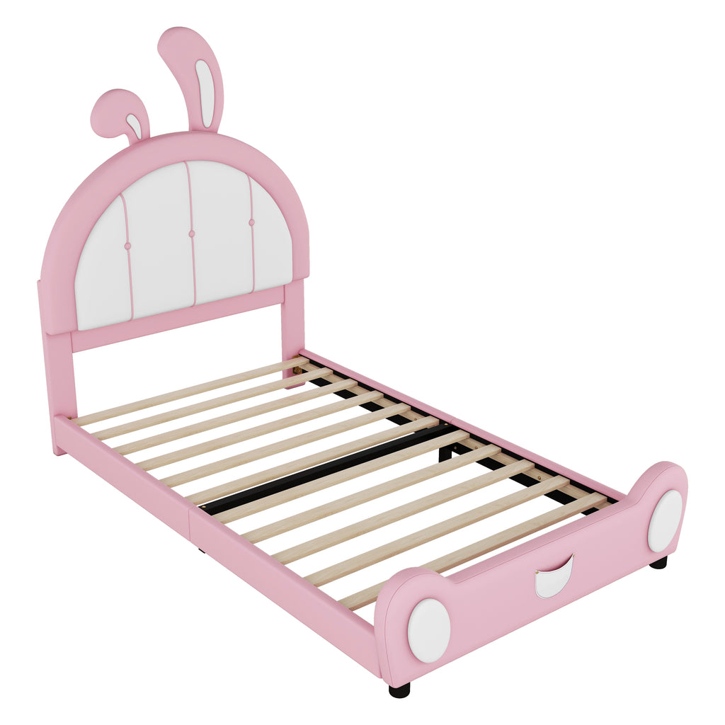 Leoglint Twin Size Upholstered Platform Bed Frame with Rabbit Shaped Headboard, Pink