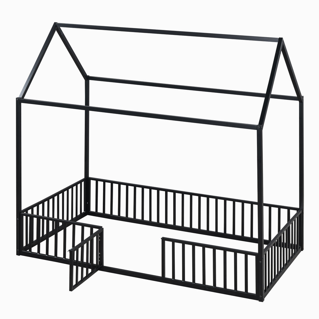 Leoglint Twin Size Metal House Bed Frame with Fence and Door, Black