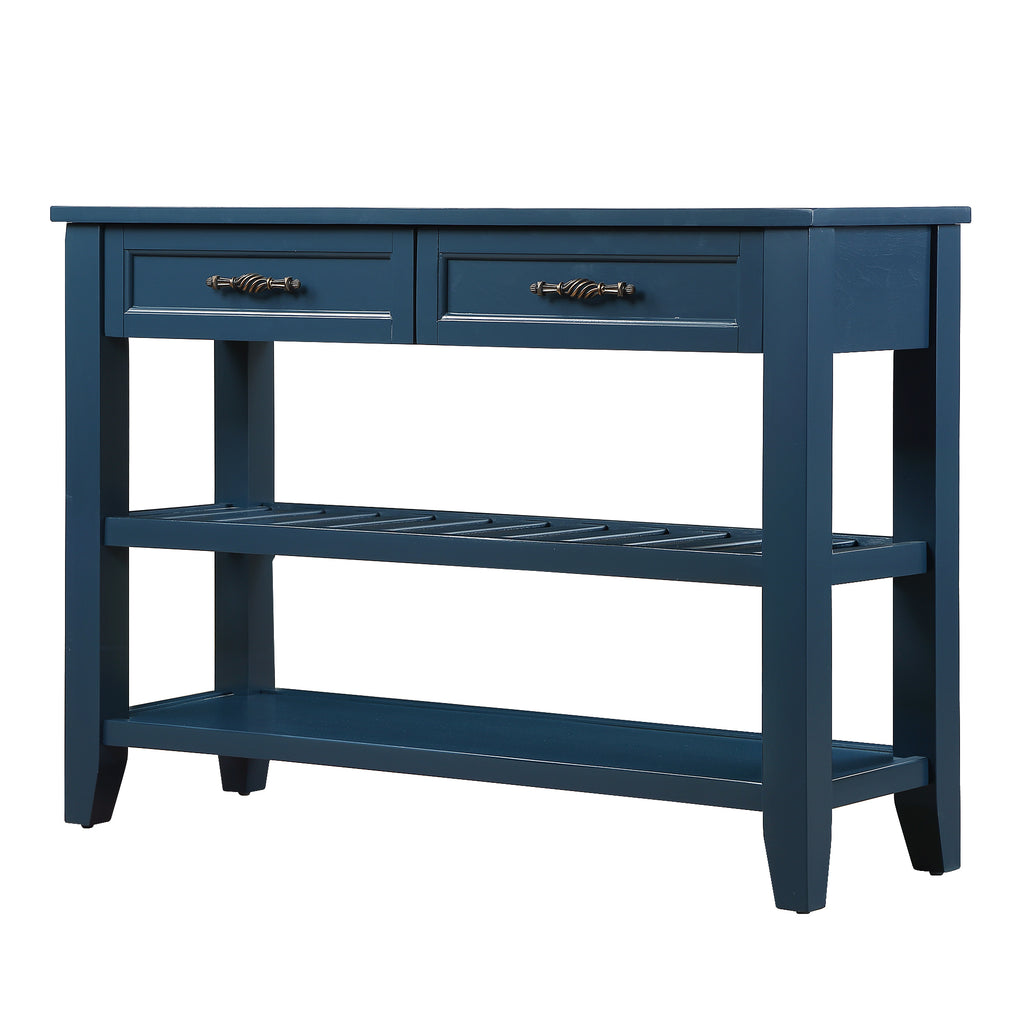 Leoglint Console Sofa Table with 2 Storage Drawers and 2 Tiers Shelves, Mid-Century Style 42'' Solid Wood Buffet Sideboard for Living Room Furniture Kitchen Dining Room Entryway Hallway,Navy Blue