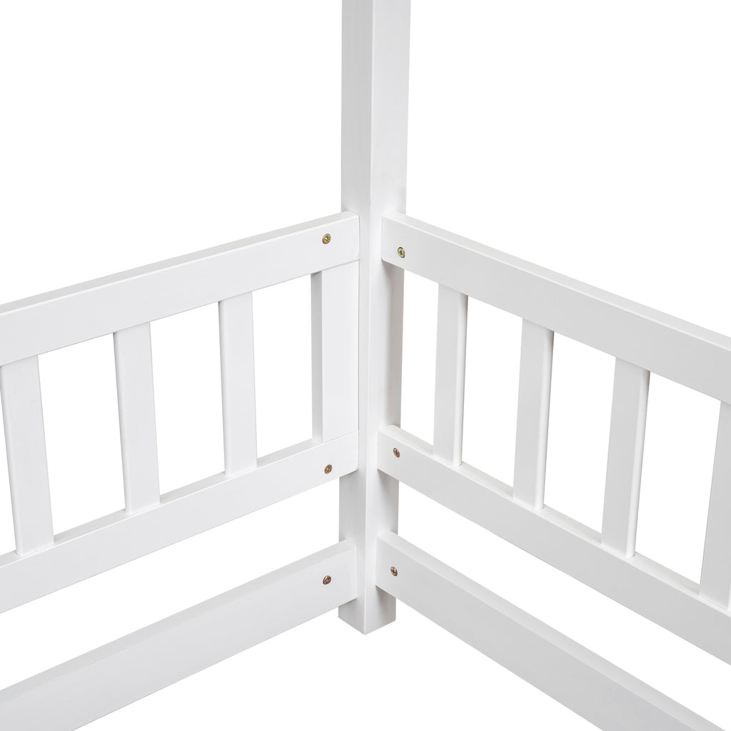 Leoglint Bed Frame Full Size Floor Wooden Bed with House Roof Frame, Fence Guardrails ,White