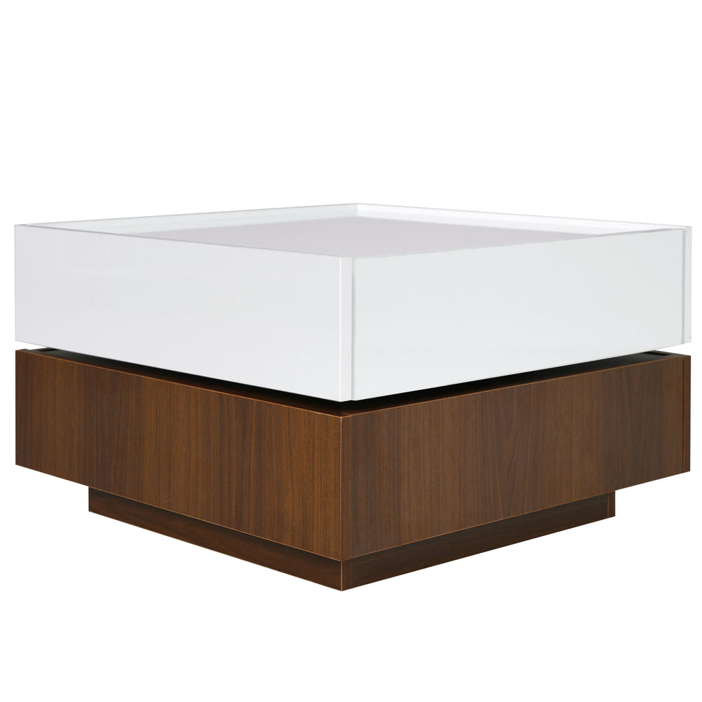 Leoglint [VIDEO provided] ON-TREND Square 360°Rotating Coffee Table with 2 Drawers, High Gloss 2-Tier Center Table with Swivel Tabletop and Storage, Walnut Table Frame Side Table for Living Room, White