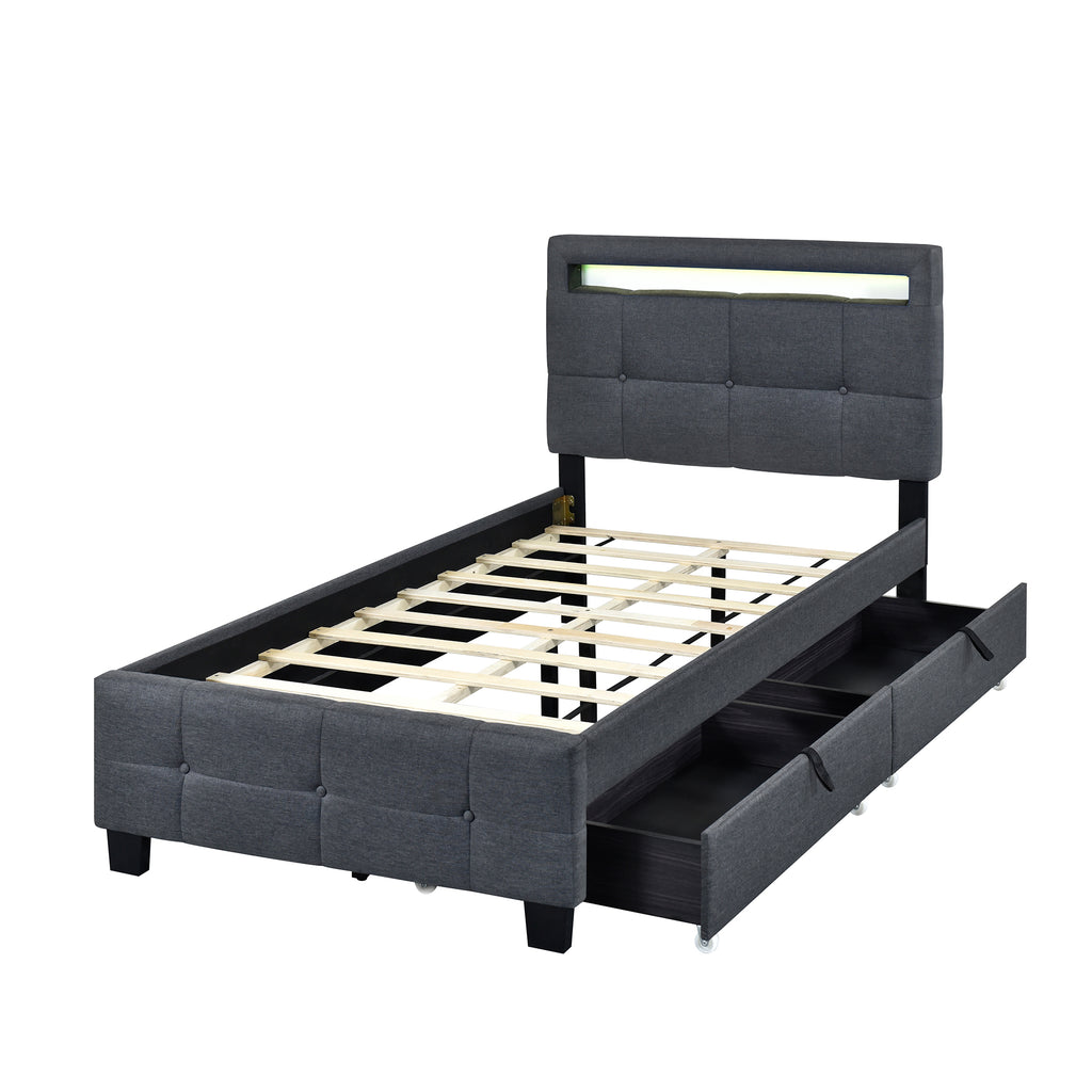 Leoglint Twin Size Upholstered Platform Bed  Frame with LED Frame and 2 Drawers, Linen Fabric, Gray