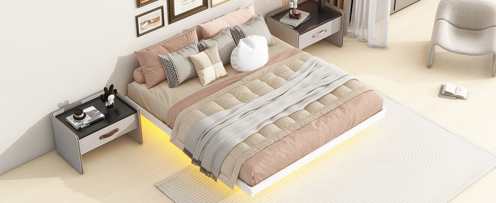 Leoglint King Size Floating Bed Frame with LED Lights Underneath,Modern King Size Low Profile Platform Bed with LED Lights,White