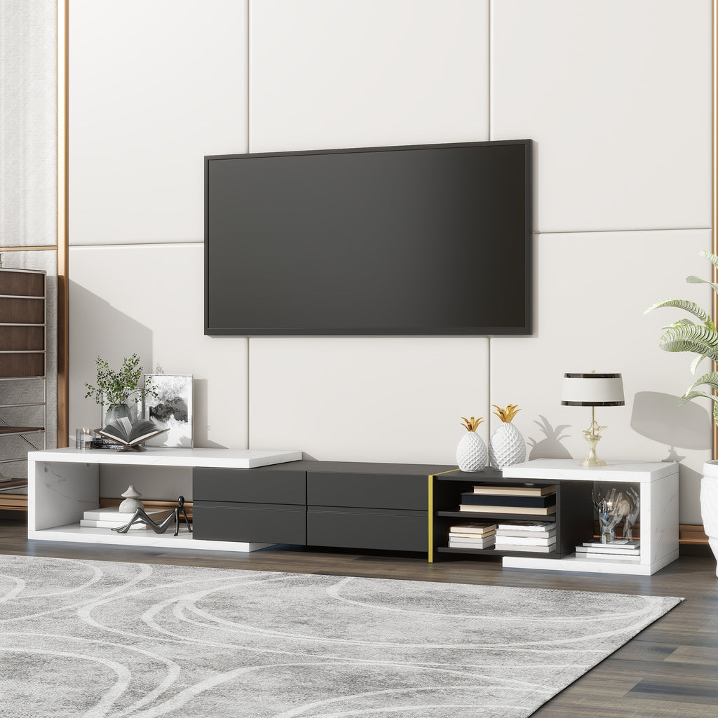 Leoglint U-Can 51''-98.4'' Modern Extendable TV Stand for TVs up to 90 Inches, Entertainment Center Media Console Corner Console with 2 Drawers and 4 Shelves for Living room, White & Black