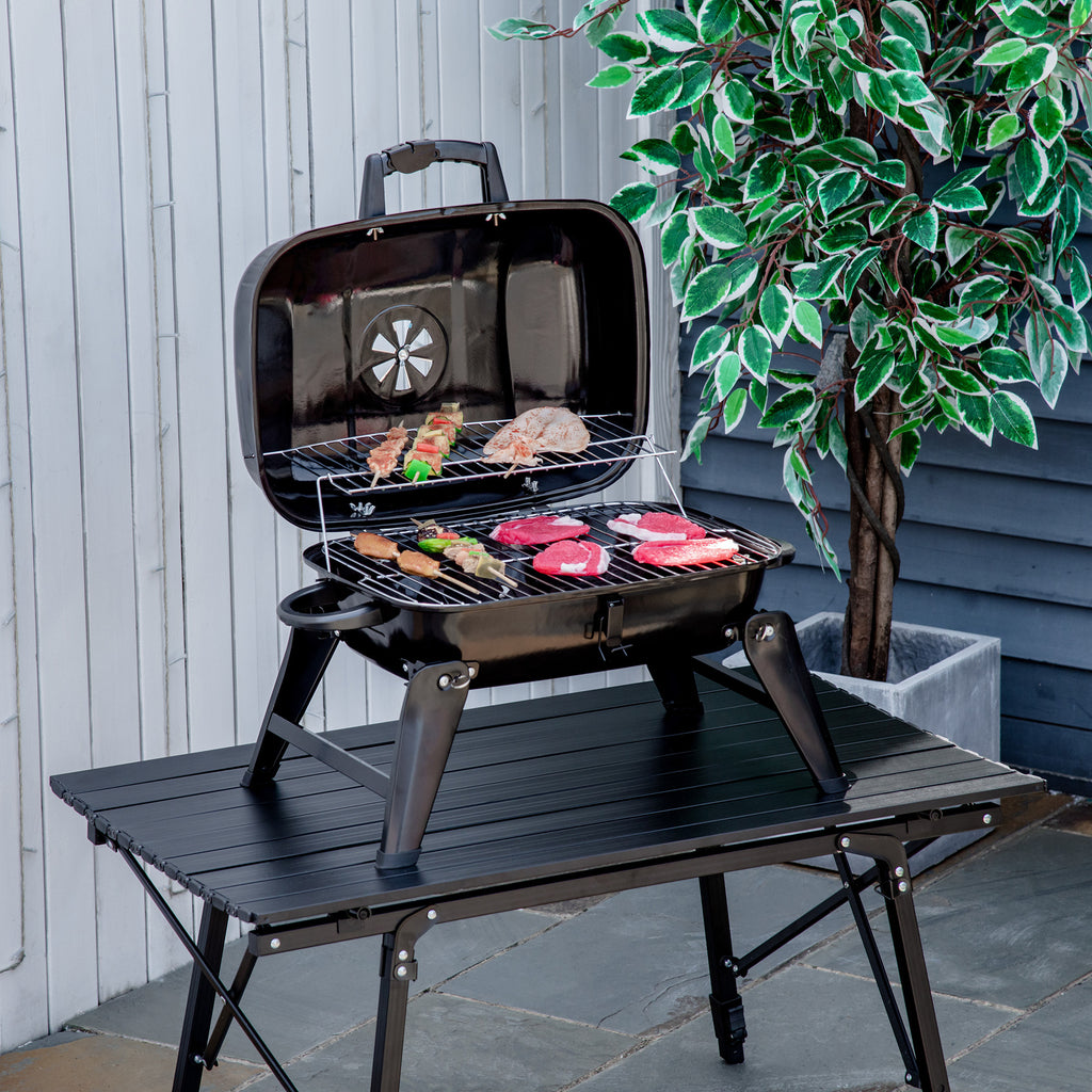 Leoglint 14" Portable Charcoal Grill, Tabletop Small BBQ Grill for Outdoor Cooking, Camping, Tailgating, Enamel Coated, Vent, Folding Legs, Black