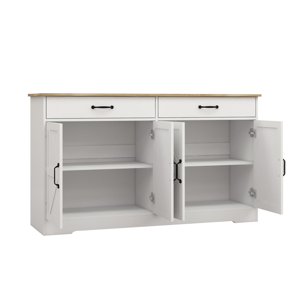 Leoglint 55.91" Large Farmhouse Buffet Cabinet Storage Sideboard with 2 Drawers and 4 Doors for Dining Living Room Kitchen Cupboard-White