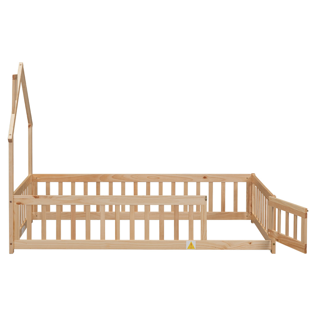 Twin House-Shaped Headboard Floor Bed Frame with Fence,Natural