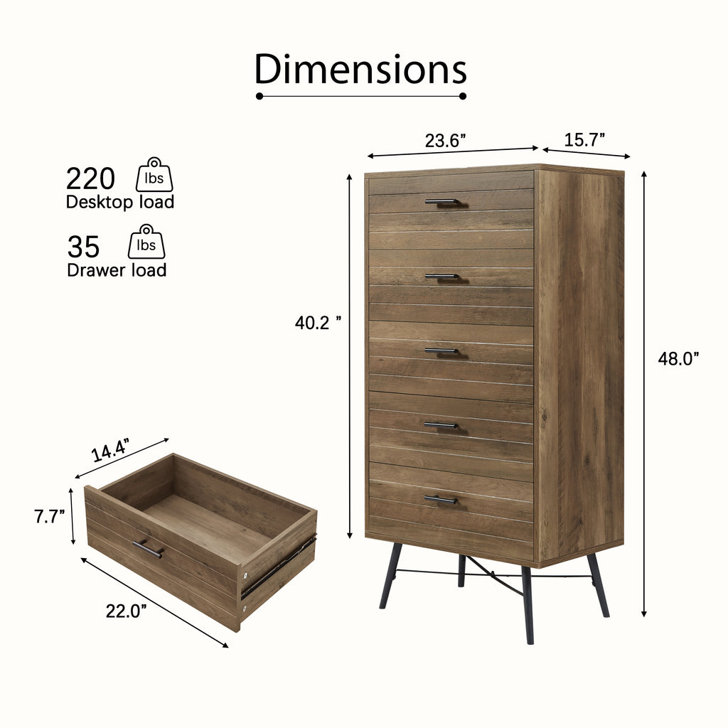 Leoglint 5-Drawer Chest - Spacious and Stylish Chest of Drawers,  Dresser for Bedroom, Closet, Hallway, 23.6"W x 15.7"D x 48"H, Rustic Walnut