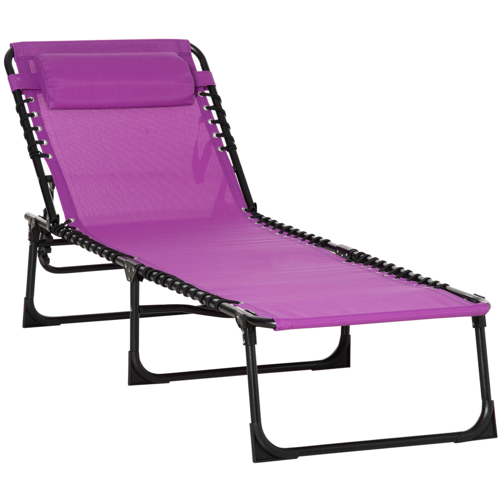 Leoglint Folding Chaise Lounge Pool Outdoor Chair, Patio Sun Tanning Chair, Outdoor Lounge Chair w/ 4-Position Reclining Back, Pillow, Breathable Mesh & Bungee Seat for Beach, Yard, Patio, Purple