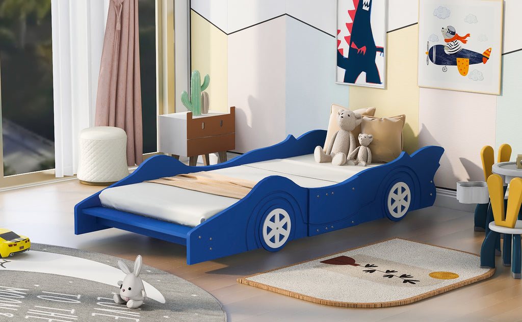 Leoglint Twin Size Race Car-Shaped Platform Bed Frame with Wheels,Blue