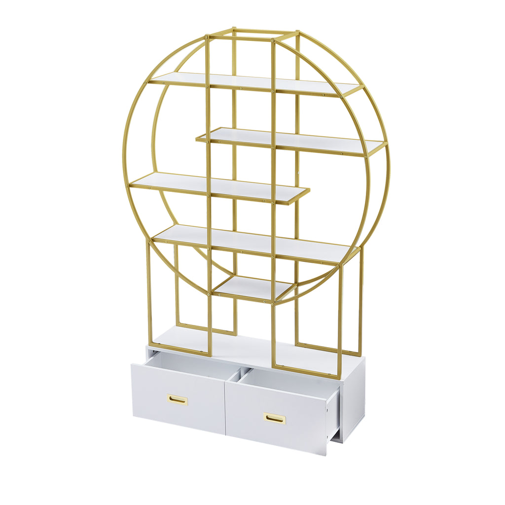 Leoglint 70.8 Inch Round Office Bookcase Bookshelf, Display Shelf, Two Drawers, Gold Frame