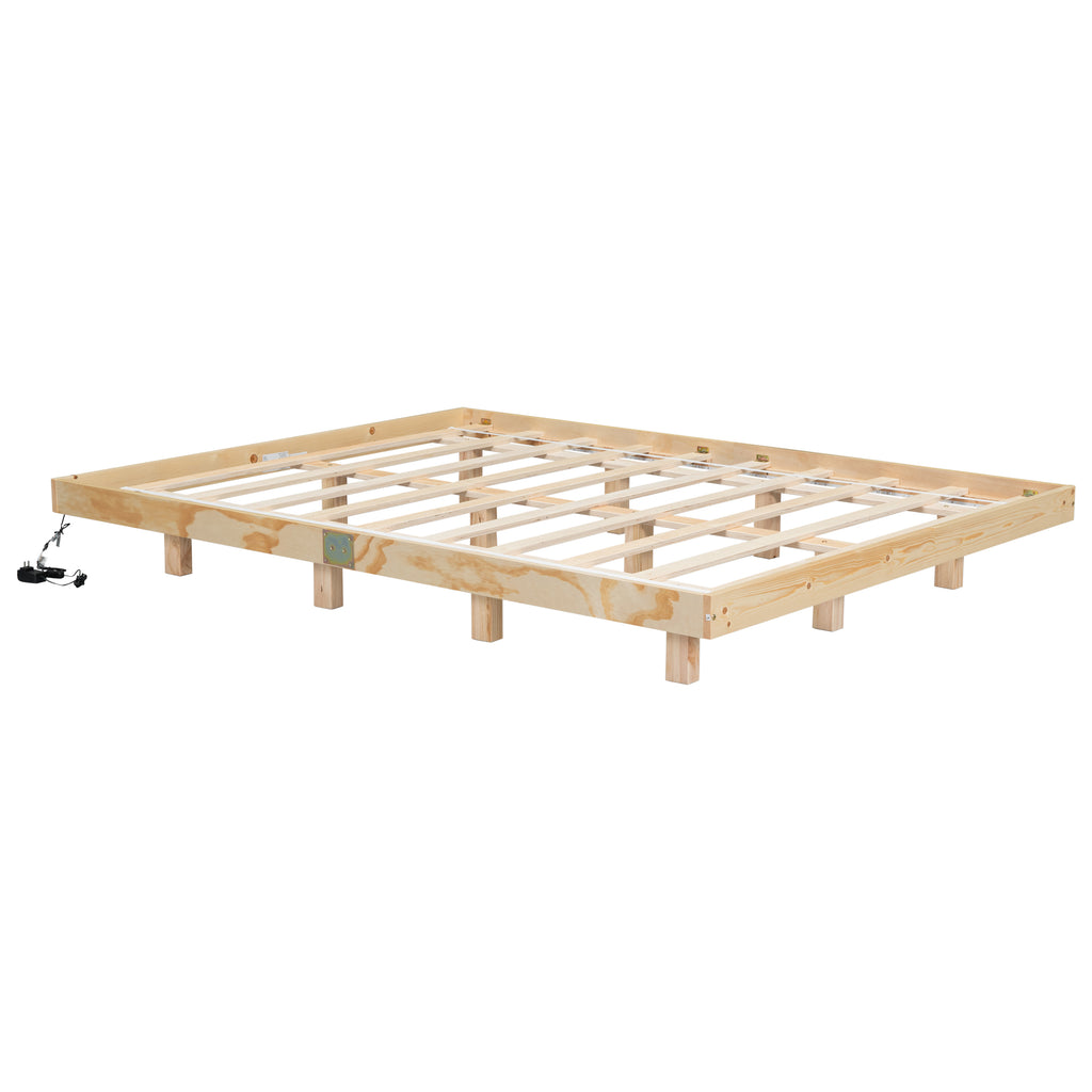 Queen Size Floating Bed Frame with LED Lights Underneath,Modern Queen Size Low Profile Platform Bed with LED Lights,Natural