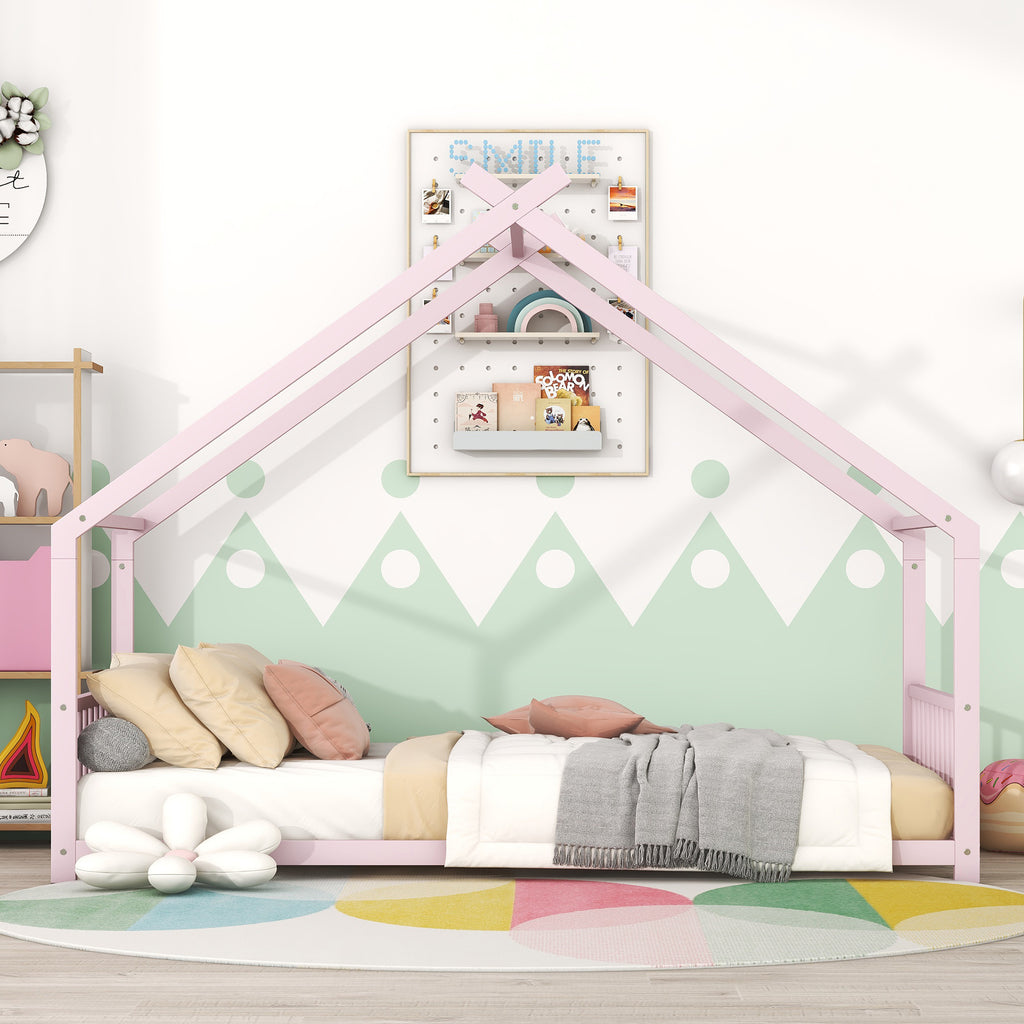 Leoglint Twin Size Metal House Bed Frame, Pink