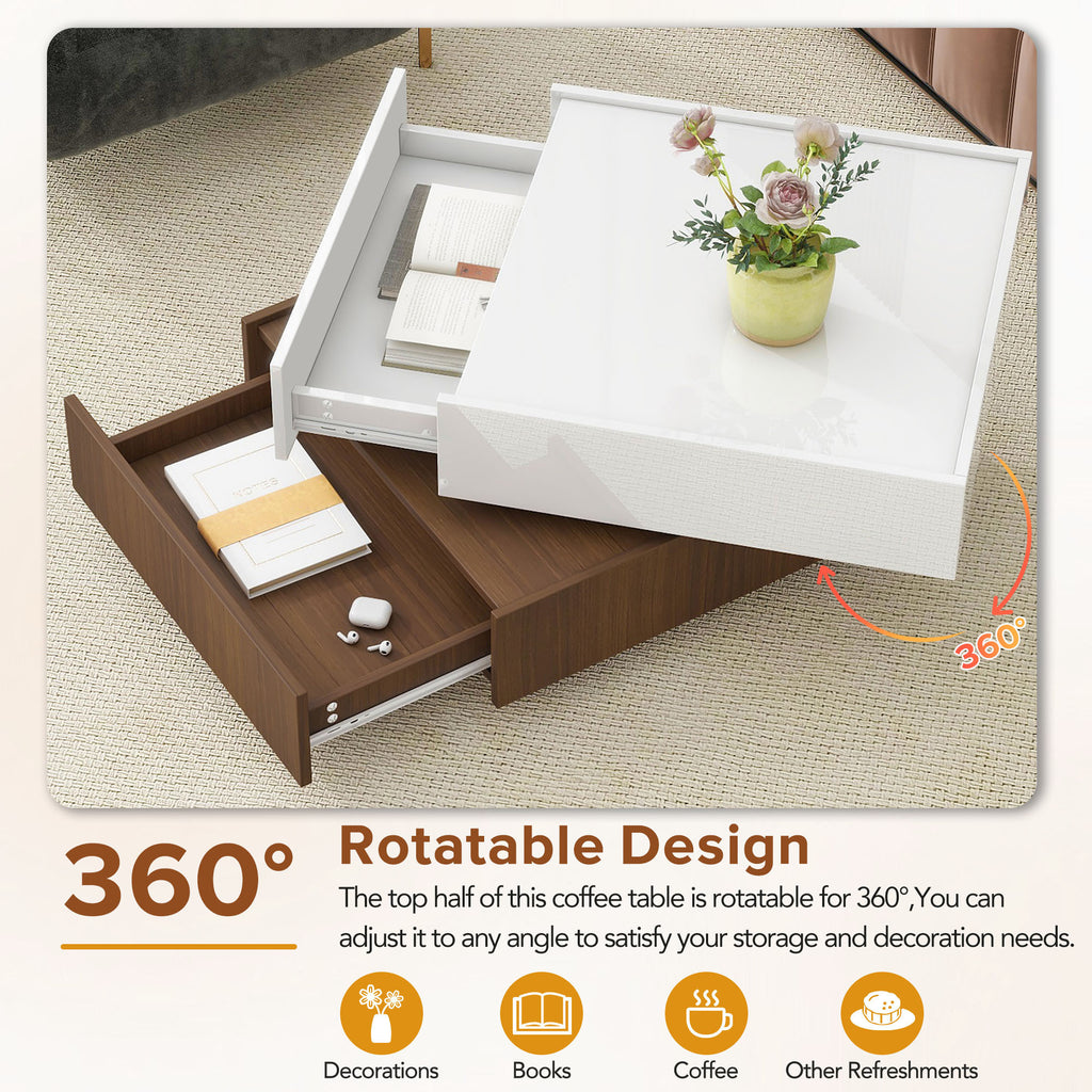 Leoglint [VIDEO provided] ON-TREND Square 360°Rotating Coffee Table with 2 Drawers, High Gloss 2-Tier Center Table with Swivel Tabletop and Storage, Walnut Table Frame Side Table for Living Room, White