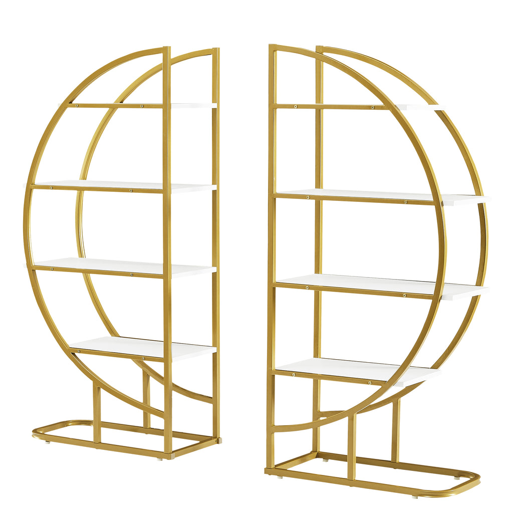 Leoglint 4 Tiers Home Office Open Bookshelf, Round Shape, Different Placement Ways, MDF Board, Gold Metal Frame, White