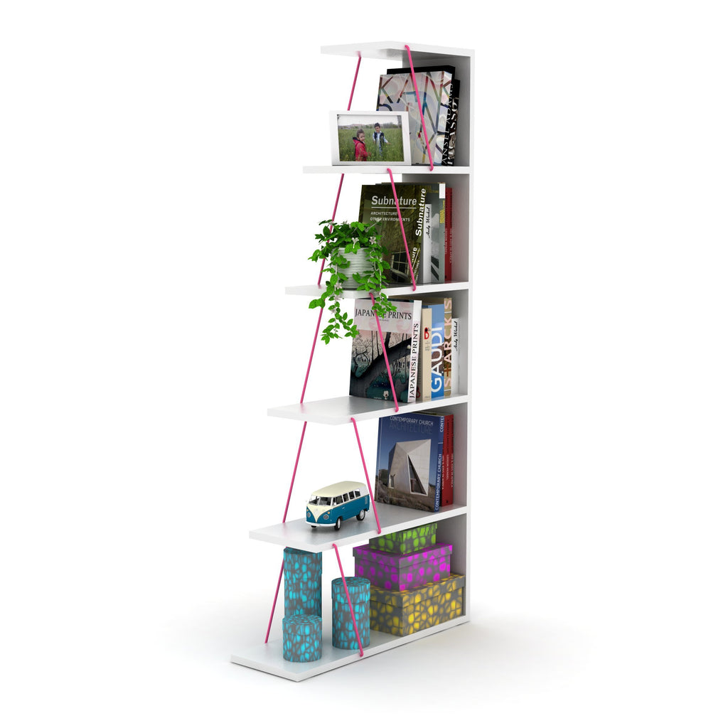 Leoglint Furnish Home Store Modern 5 Tier Ladder Bookshelf Organizers, Narrow Bookshelf for Small Spaces Office Furniture Bookcase ,White/Pink