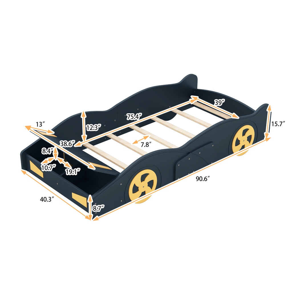 Leoglint Twin Size Race Car-Shaped Platform Bed Frame with Wheels and Storage, Dark Blue+Yellow