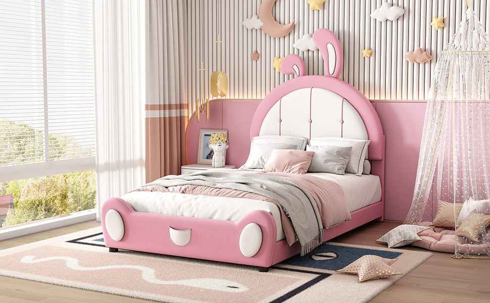 Leoglint Twin Size Upholstered Platform Bed Frame with Rabbit Shaped Headboard, Pink