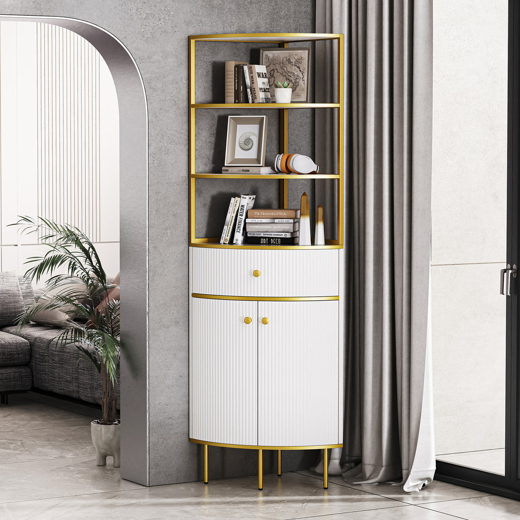 Leoglint 74.8" Tall Modern Corner Bookshelf,Fan-Shaped bookcase with 1 Drawer and 2 Doors ,Wooden Standing Corner Shelf with Gold Metal Frame for Living Room,Home Office,White