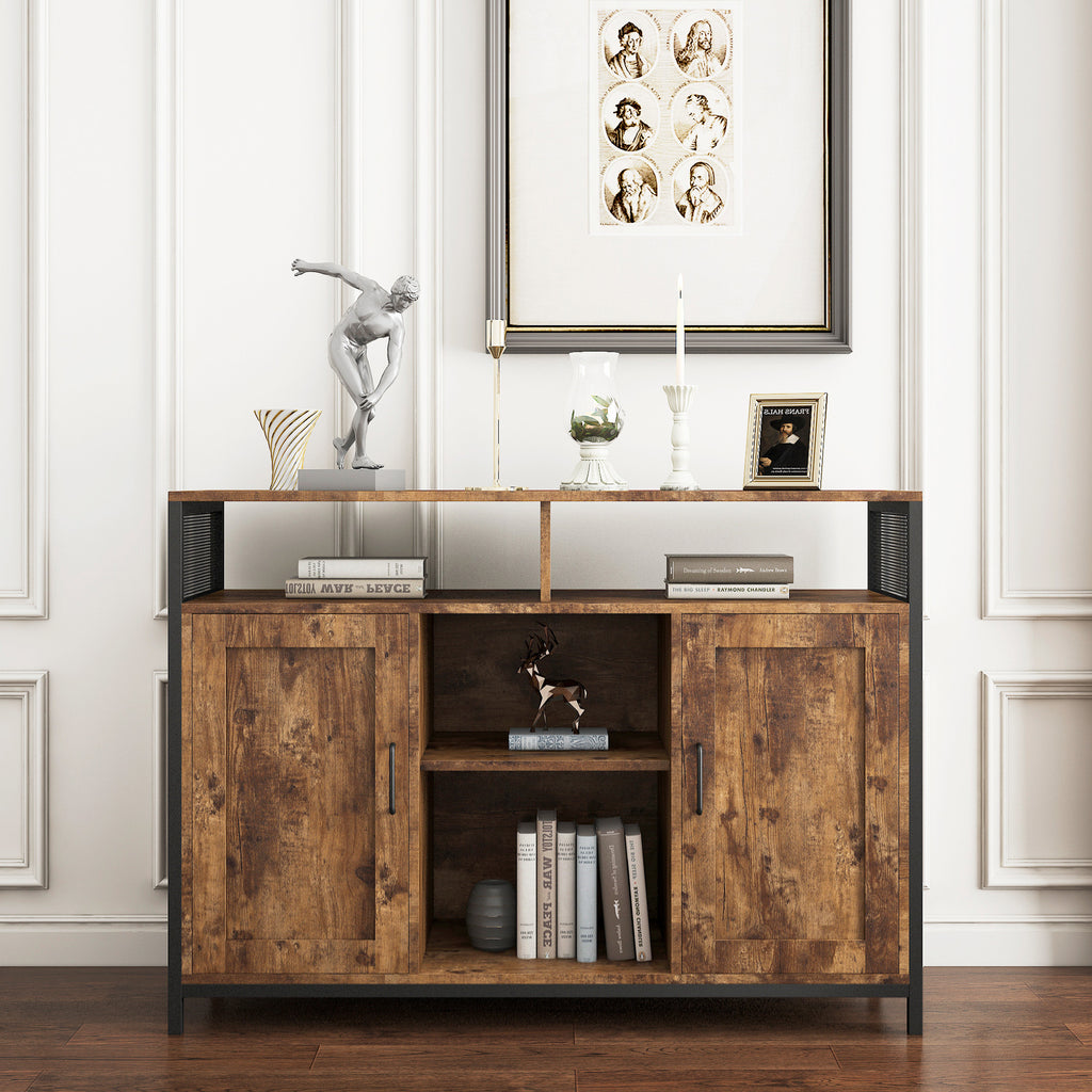 Leoglint Sideboard, storage cabinet with open shelves for kitchen dining room living room, industrial style, Rustic Brown, 43.7x15.74x31.5Inches