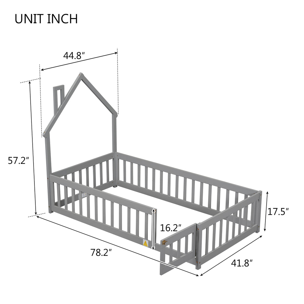 Twin House-Shaped Headboard Floor Bed Frame with Fence,Grey