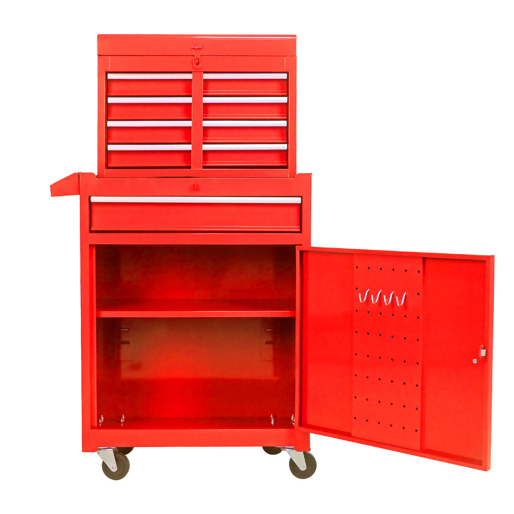 Leoglint Detachable 5 Drawer Tool Chest with Bottom Cabinet and One Adjustable Shelf--Red