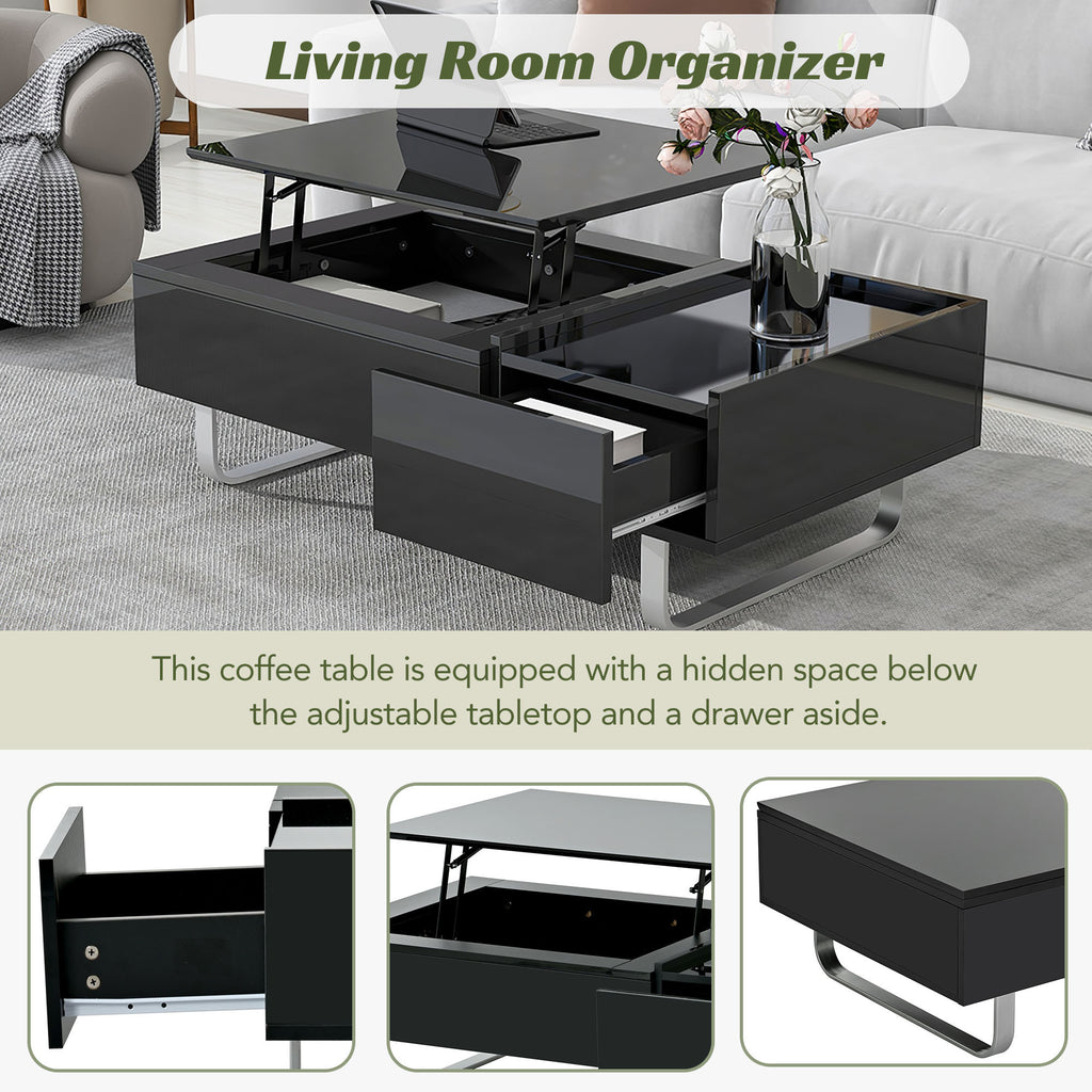 Leoglint [VIDEO provided] ON-TREND Multi-functional Coffee Table with Lifted Tabletop, Contemporary Cocktail Table with Metal Frame Legs, High-gloss Surface Dining Table for Living Room, Black