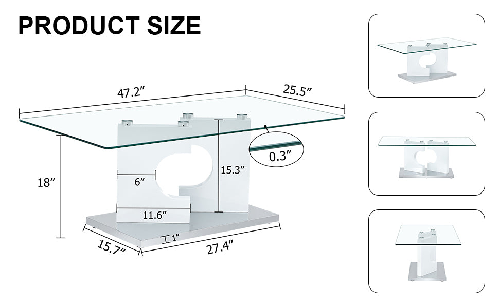 Leoglint A rectangular modern and fashionable coffee table with tempered glass tabletop and white MDF legs. Suitable for living room.47.2"*25.5"*18"