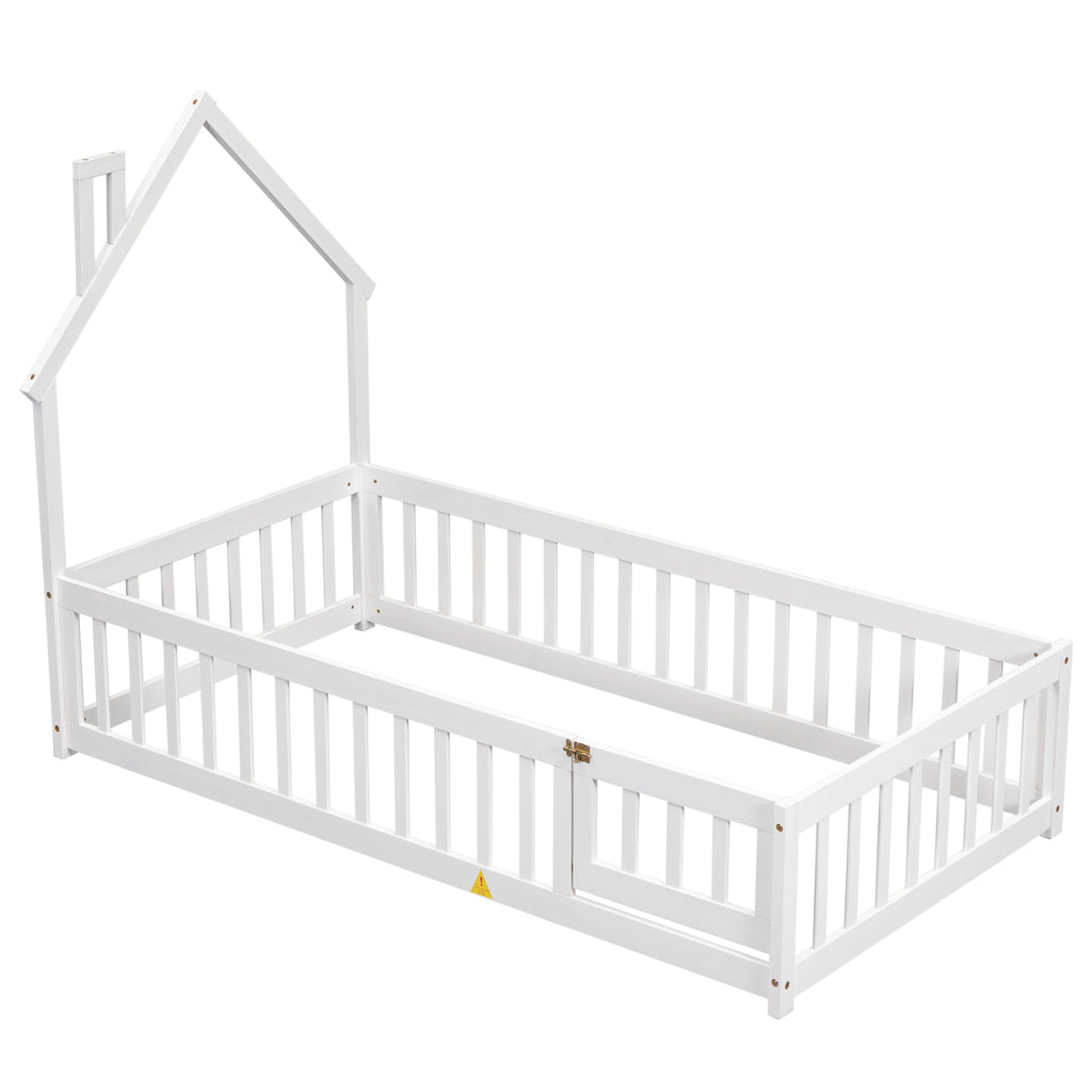 Twin House-Shaped Headboard Floor Bed Frame with Fence,White