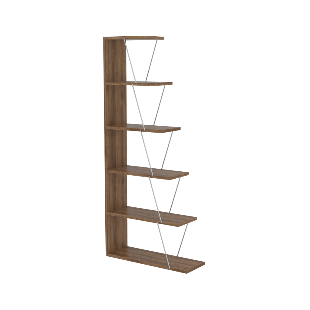 Leoglint Furnish Home Store Modern 5 Tier Ladder Bookshelf Organizers, Narrow Bookshelf for Small Spaces Office Furniture Bookcase ,Walnut/Chrome